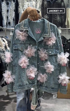 Floral 3D Appliqué Denim Jacket for Women
