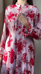 Pink Floral Printed Anarkali 3PCs Frock Set