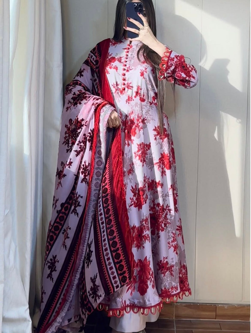 Pink Floral Printed Anarkali 3PCs Frock Set