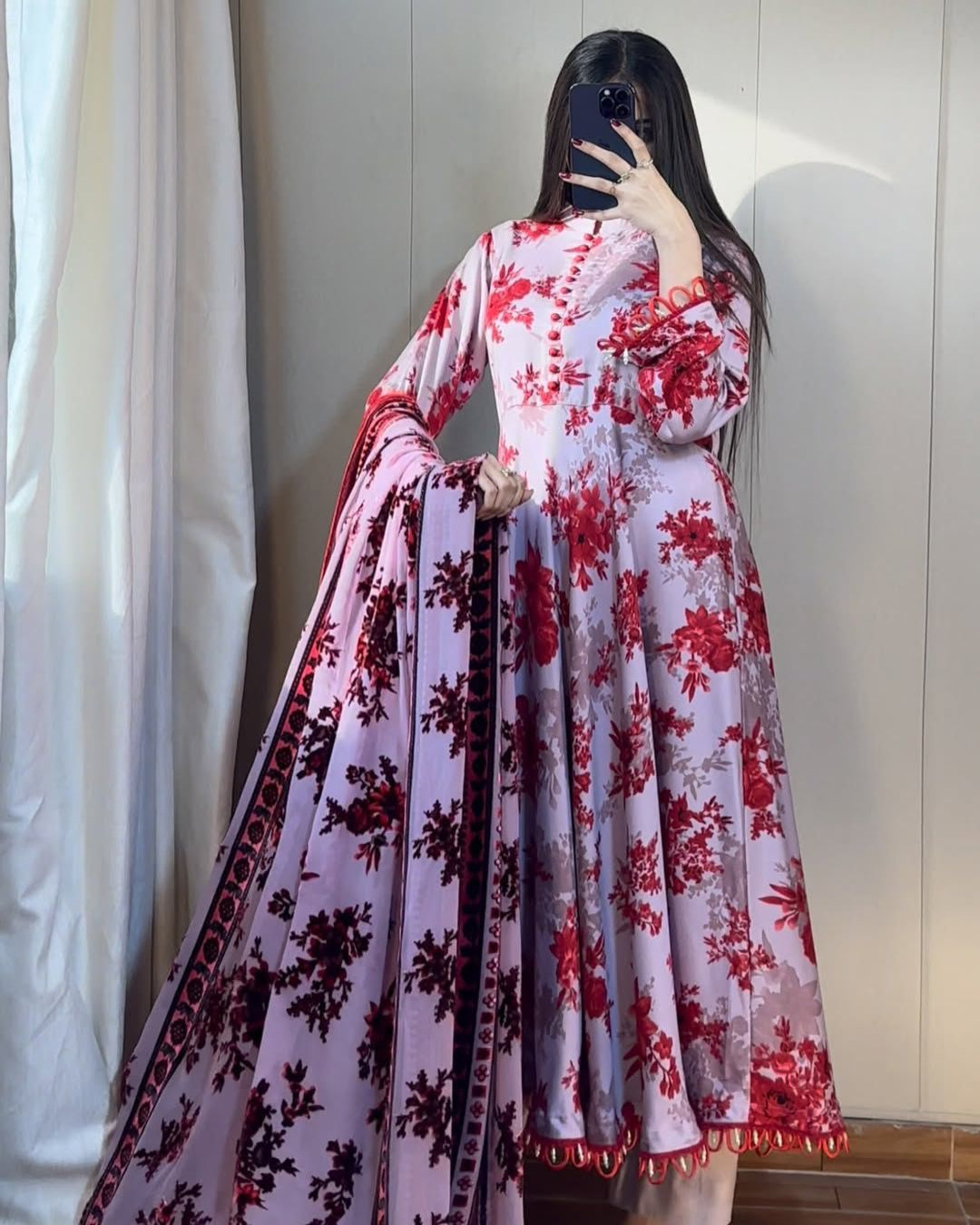 Pink Floral Printed Anarkali 3PCs Frock Set