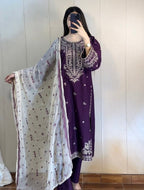 Elegant Embroidered Purple 3-Piece Suit