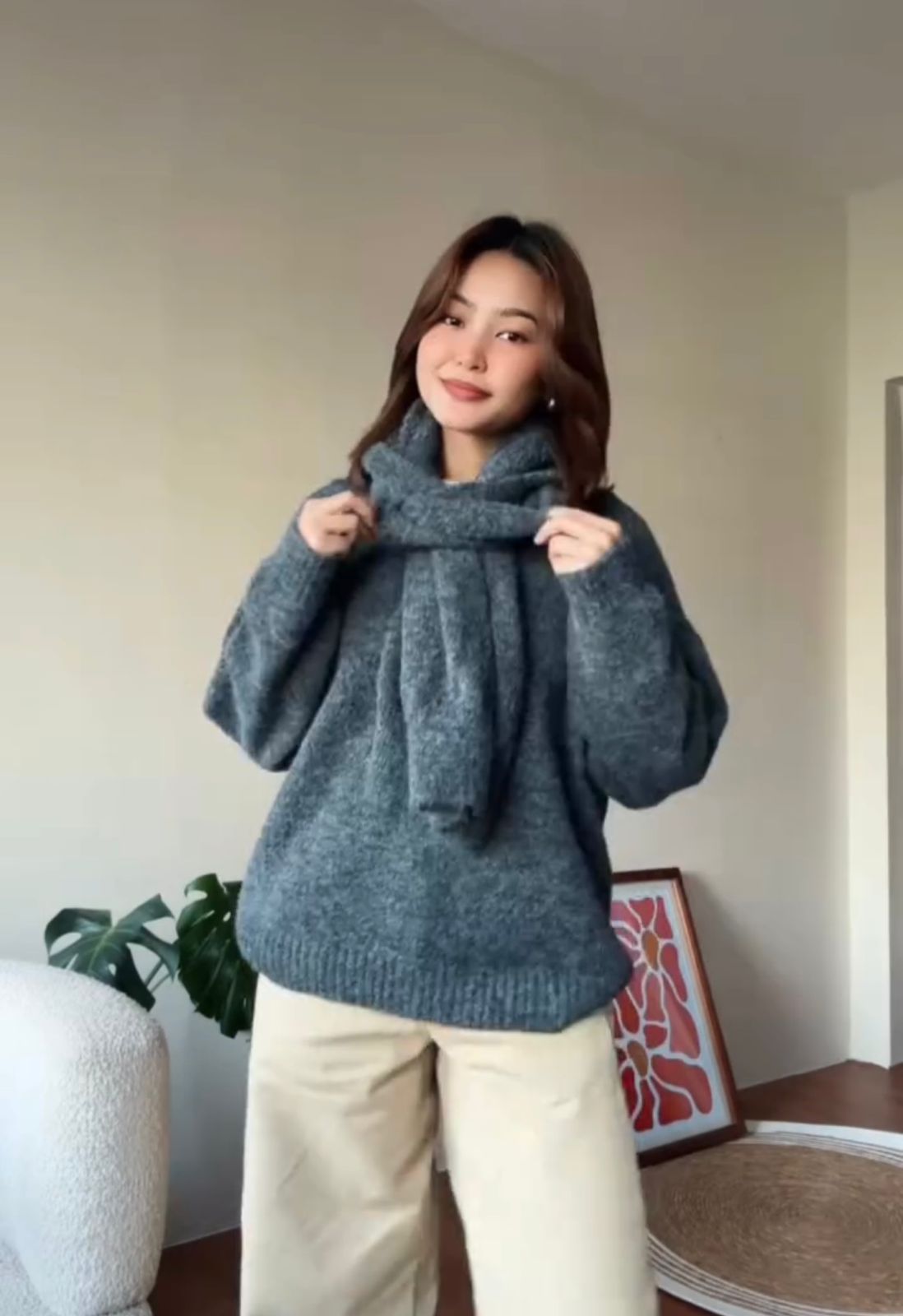 Women V-Neck Knit Sweater with Matching Scarf