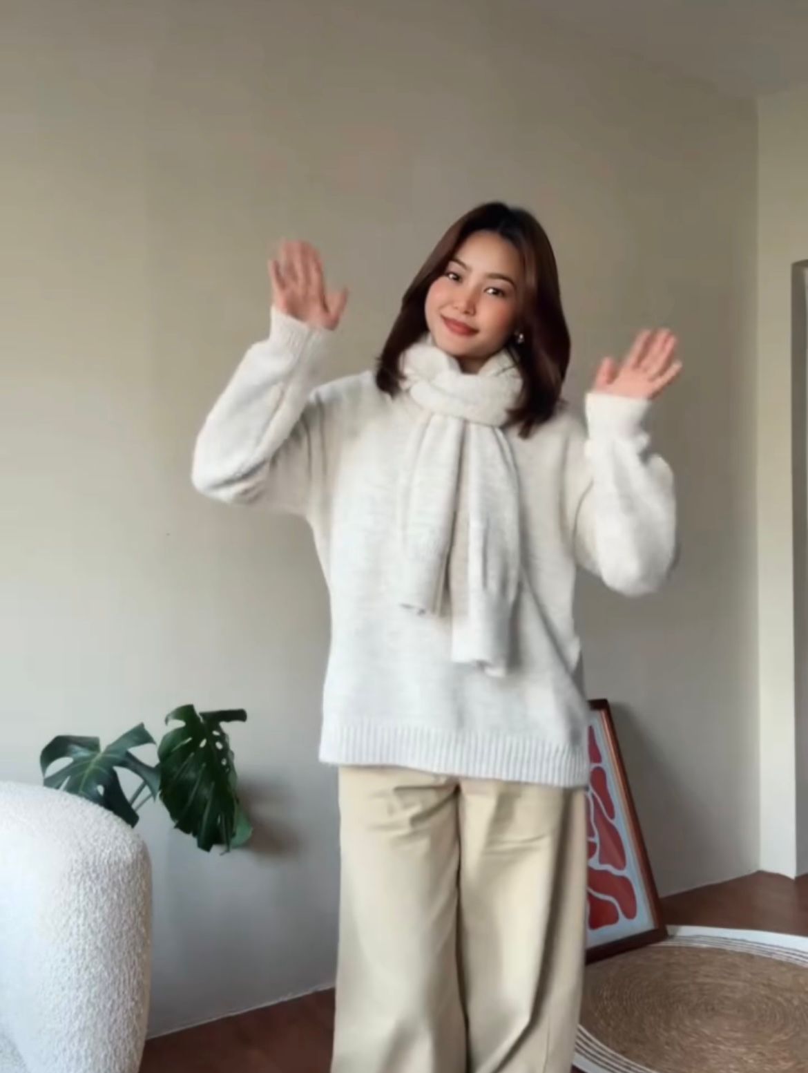 Women V-Neck Knit Sweater with Matching Scarf