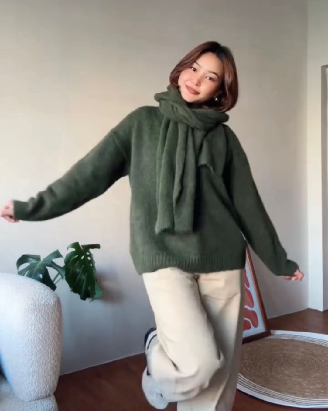 Women V-Neck Knit Sweater with Matching Scarf