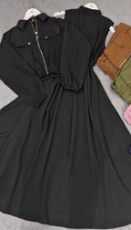 Elegant Pleated Zip-Front Maxi Dress