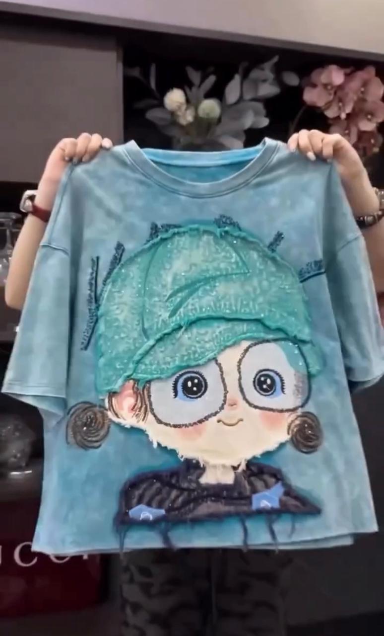 Pack of 2 Cute Cartoon Patchwork Oversized T-Shirt